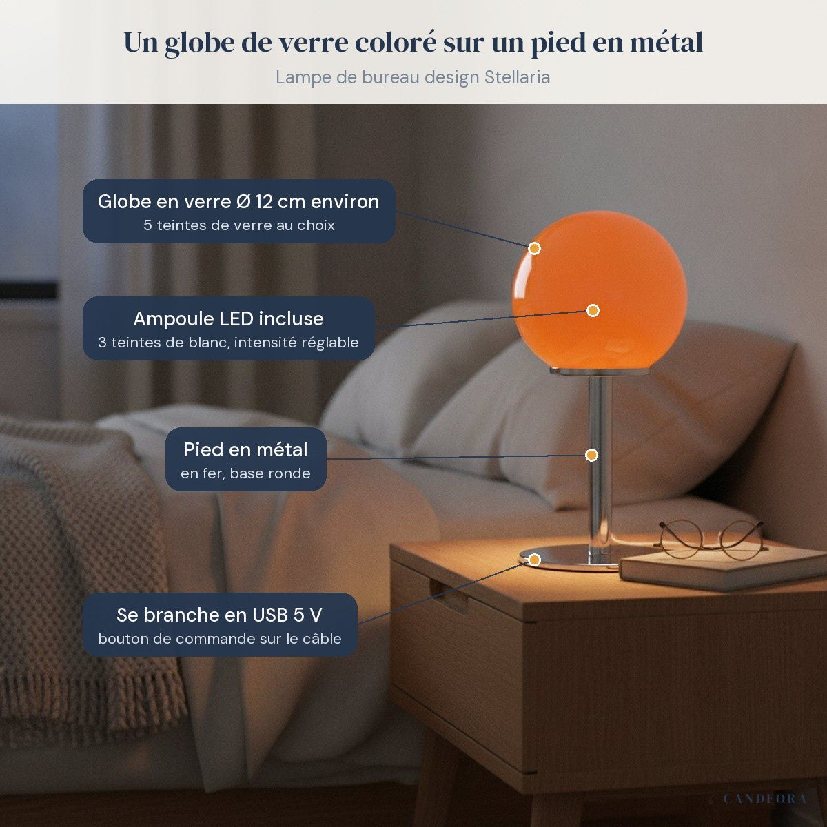 Lampe de bureau design Stellaria sur une table de chevet, caractéristiques annotées