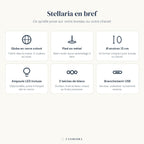 Infographie Stellaria en bref : globe en verre coloré, pied en métal, diamètre 12 cm, ampoule LED incluse, 3 teintes de blanc, branchement USB