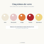 Infographie Stellaria : les 5 teintes de verre disponibles, Ivoire, Rose poudré, Orange, Écarlate, Jaune beurre