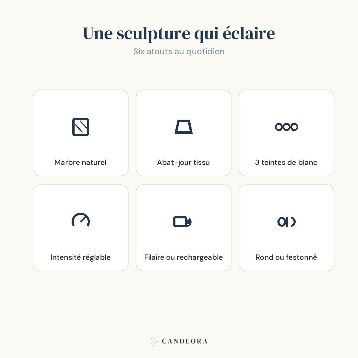 Atouts de la lampe Vesta : marbre naturel, abat-jour tissu, réglable, filaire ou rechargeable