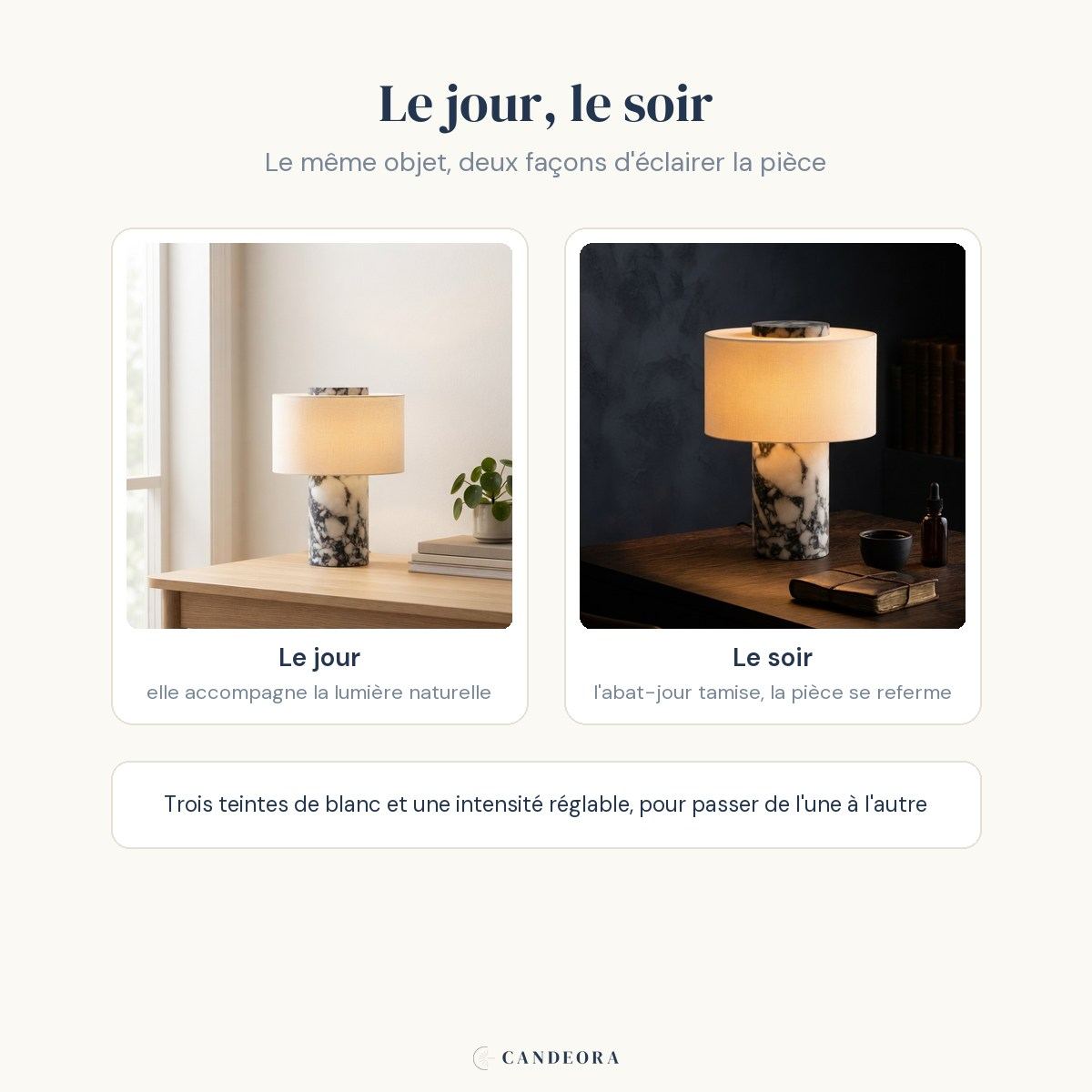 La lampe Vesta Candeora de jour près d'une fenêtre, puis le soir en lampe d'ambiance