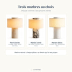 Les trois marbres de la lampe Vesta Candeora : pierre dorée, marbre veiné et marbre blanc