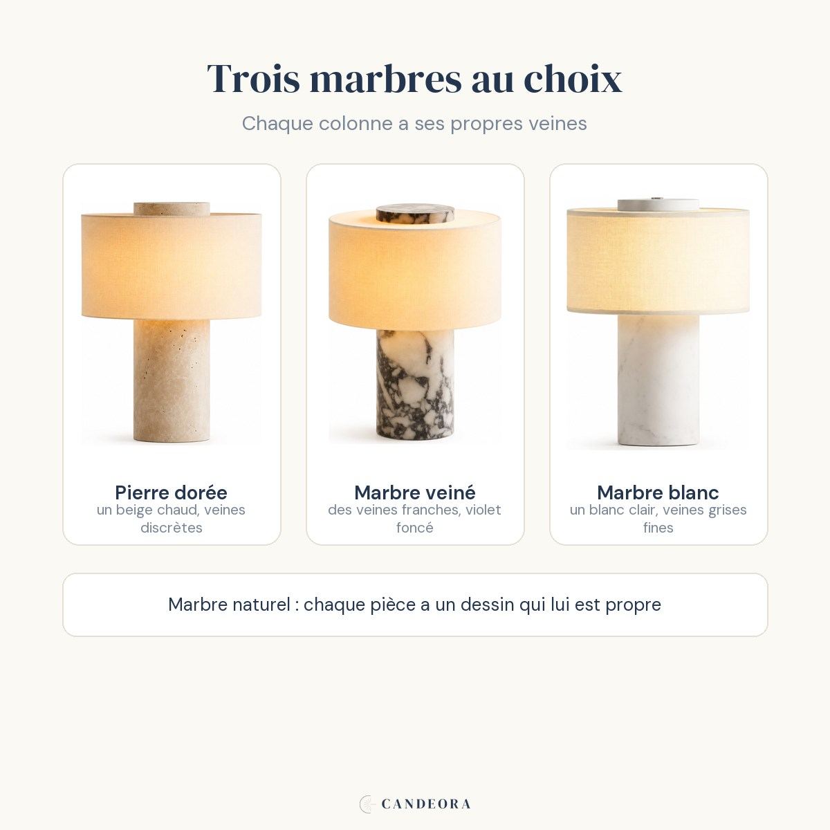 Les trois marbres de la lampe Vesta Candeora : pierre dorée, marbre veiné et marbre blanc