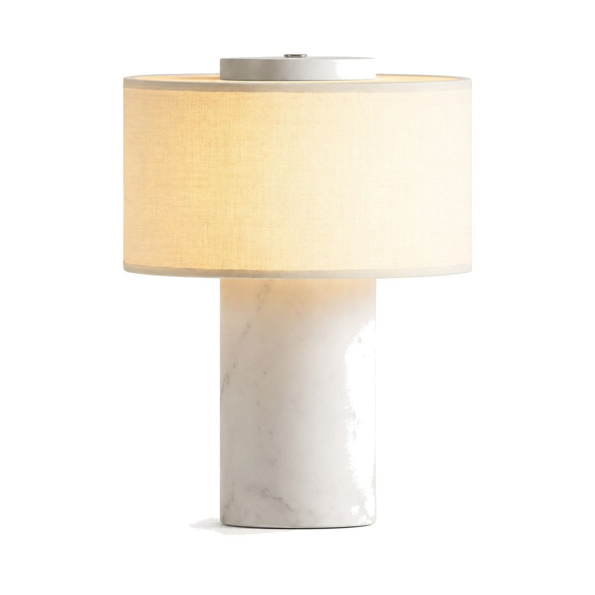 Lampe Vesta en marbre blanc avec abat-jour rond en tissu, sur fond blanc