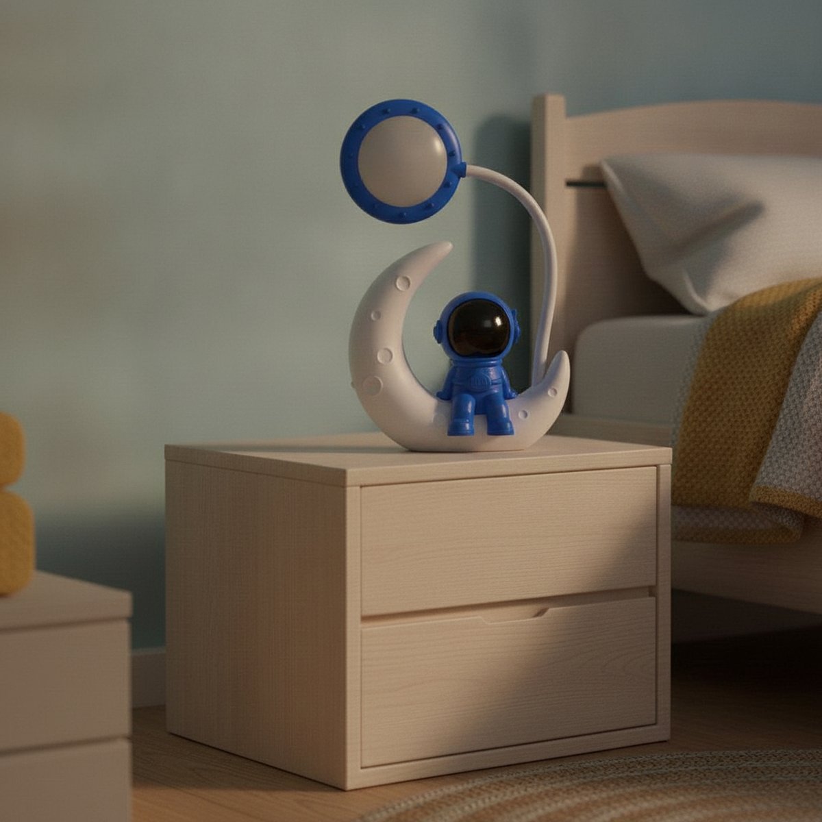 Lampe de bureau enfant Astro Candeora, astronaute bleu sur croissant de lune, sur une table de chevet