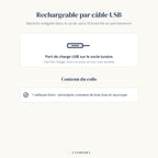 Infographie Astro Candeora : recharge par câble USB et contenu du colis