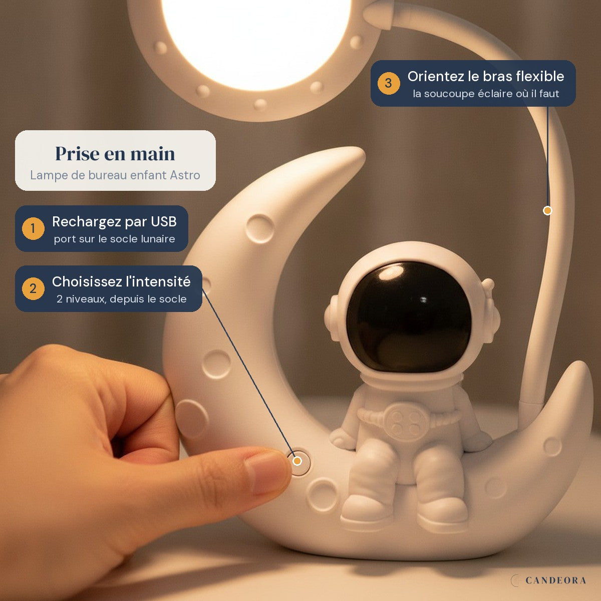 Lampe de bureau enfant Astro en situation, prise en main en trois gestes : rechargez par USB, choisissez l'intensité, orientez le bras flexible