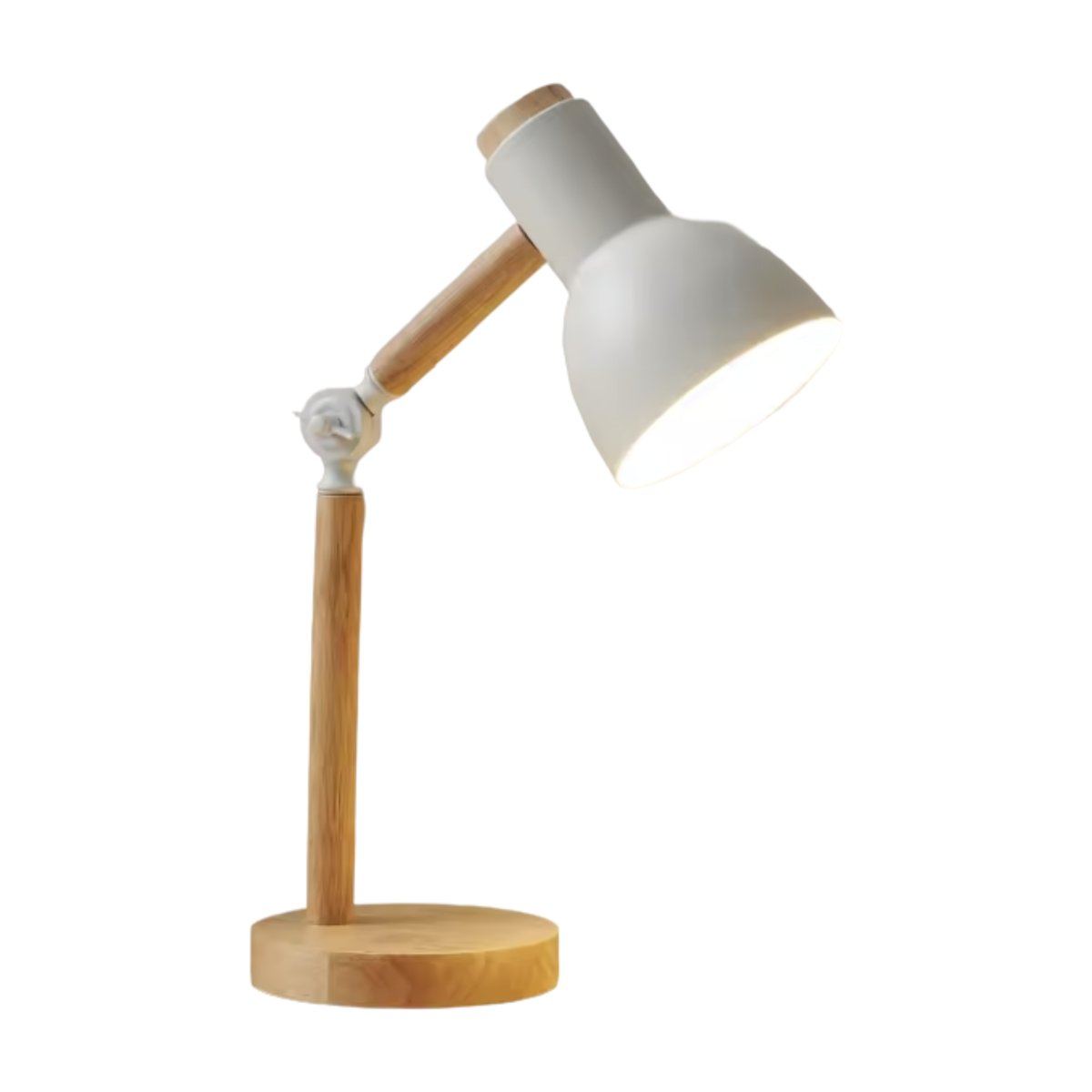 Lampe de bureau enfant Boréal coloris blanc, socle et bras en bois, tête orientable, sur fond blanc — Candeora
