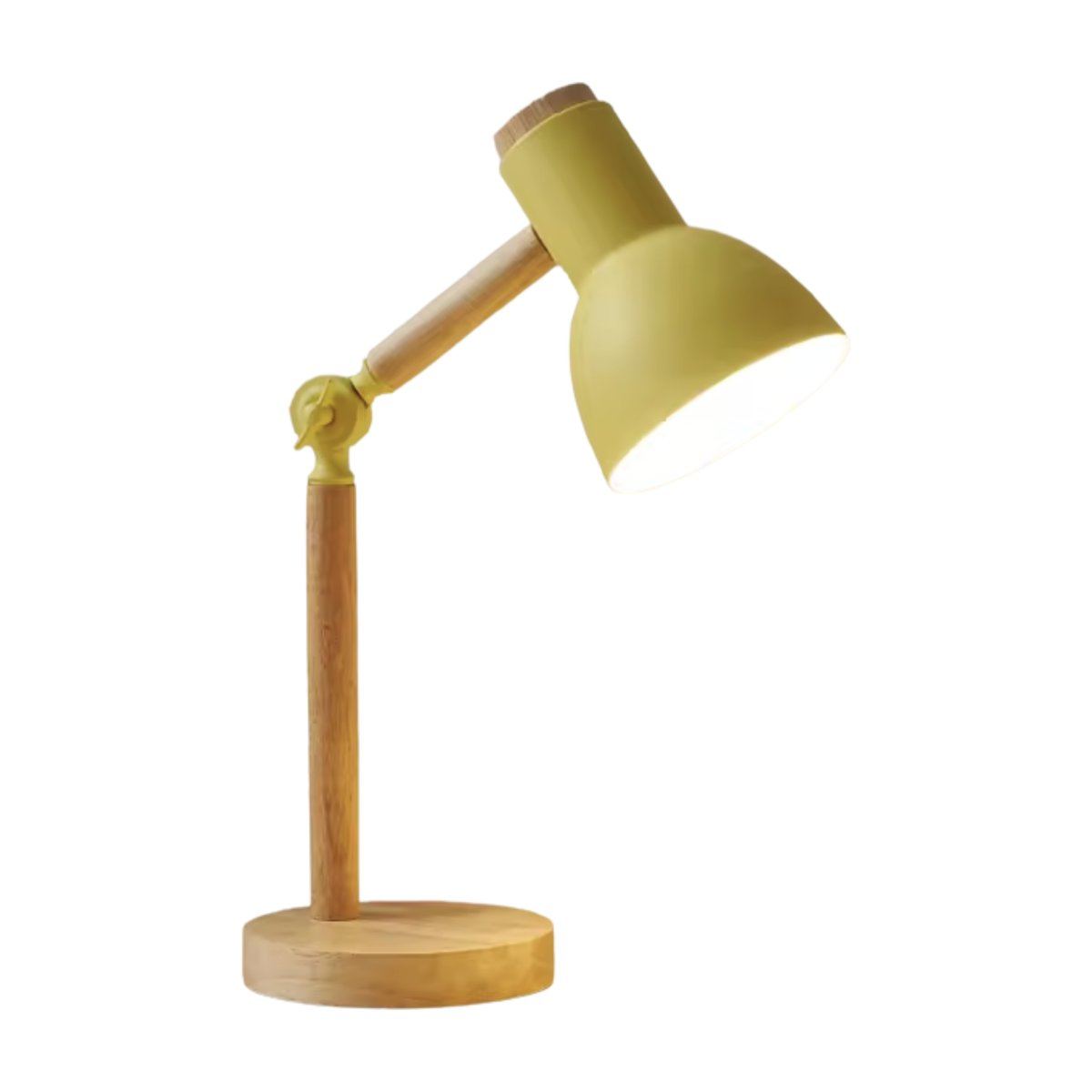 Lampe de bureau enfant Boréal coloris jaune, socle et bras en bois, tête orientable, sur fond blanc — Candeora