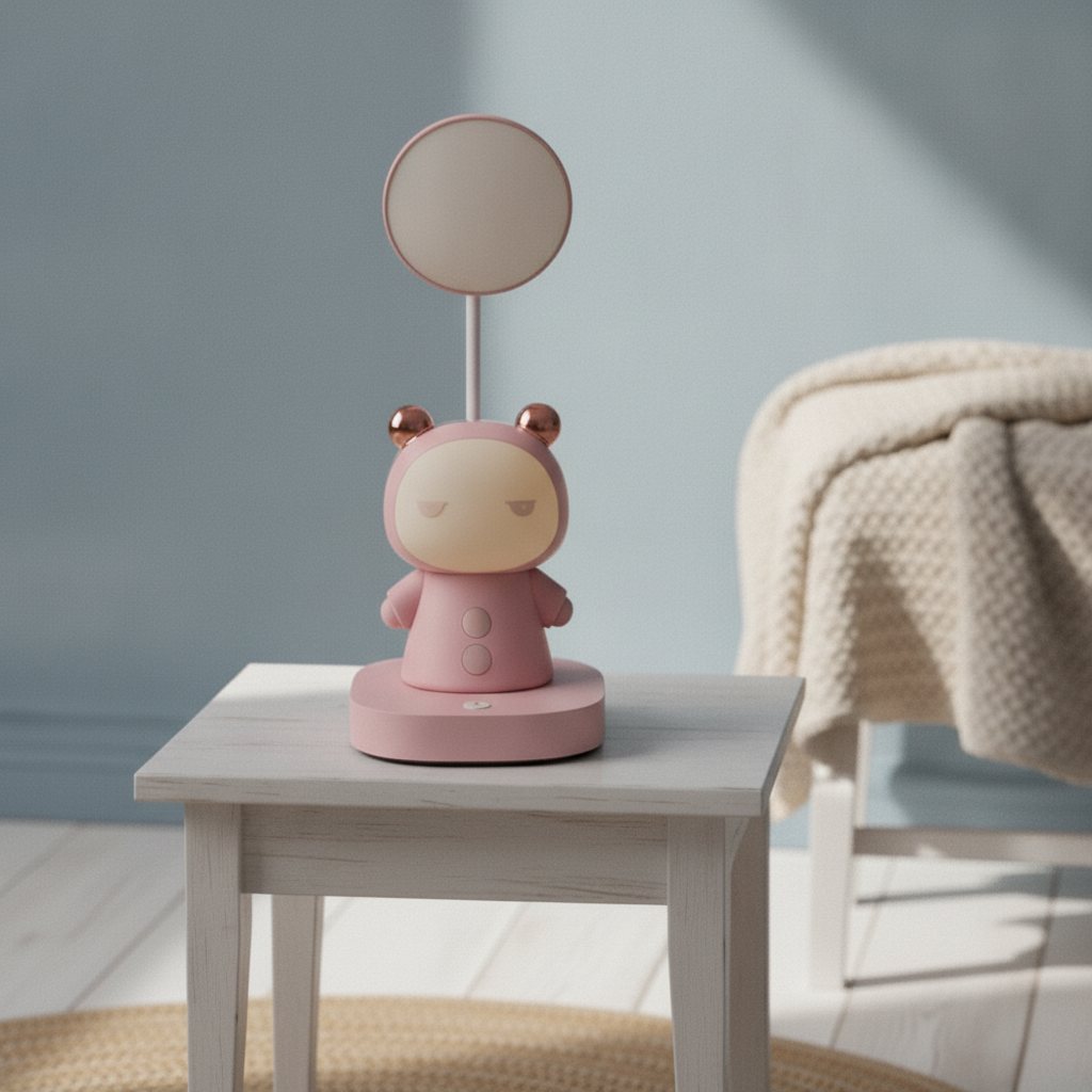 Lampe de bureau enfant Câlin rose, éteinte le jour sur une table de nuit