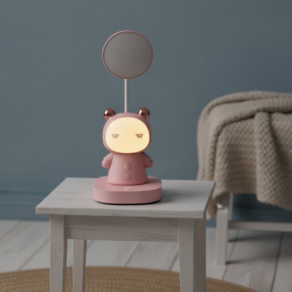 Lampe de bureau enfant Câlin rose, en veilleuse le soir sur une table de nuit