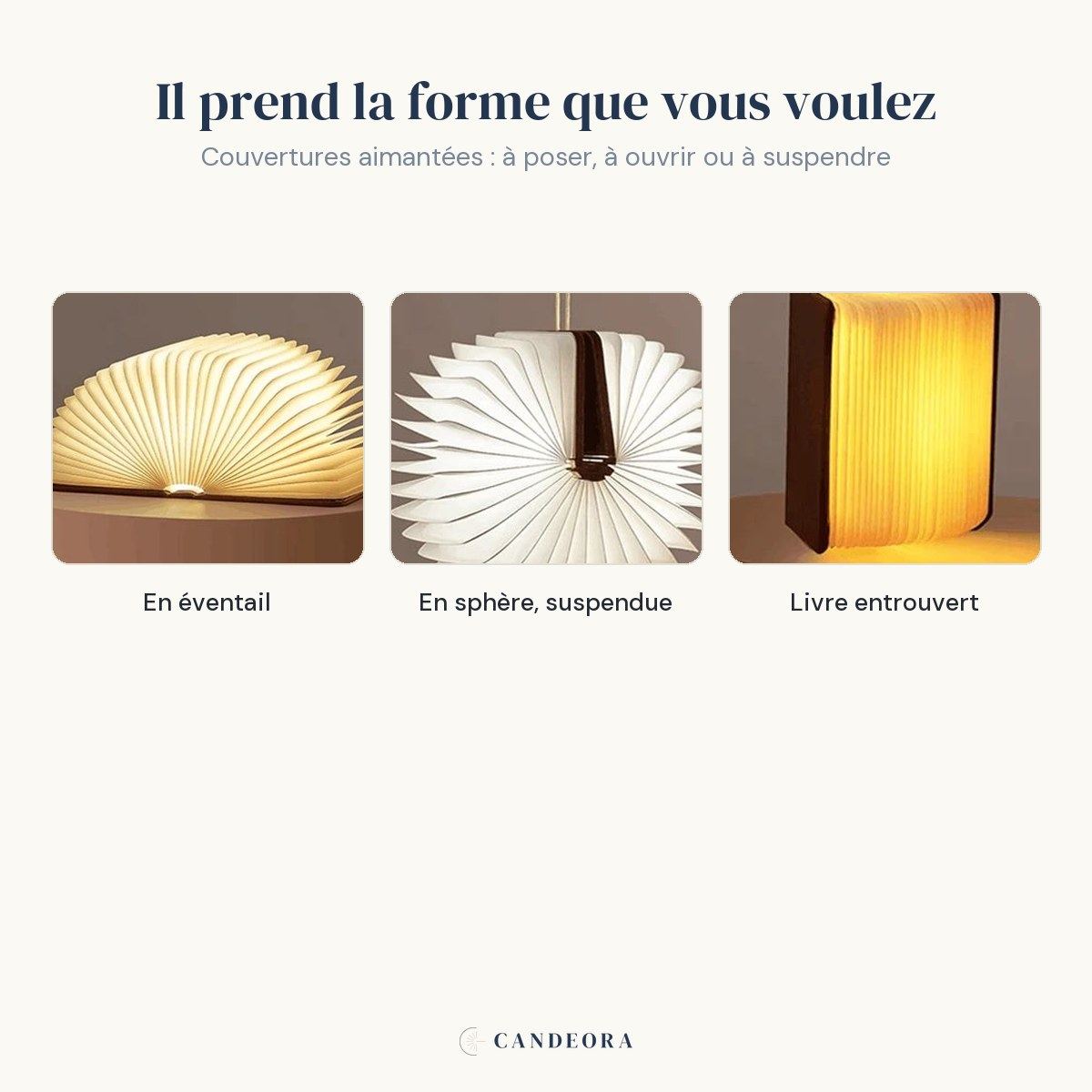 Lampe Conte : couvertures aimantées, forme en éventail, en sphère suspendue ou en livre entrouvert — Candeora