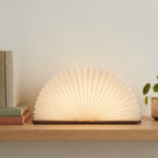 Lampe livre Conte ouverte sur une étagère en chêne clair avec des livres et une plante, en journée — Candeora