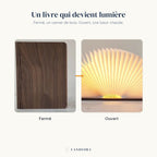 Lampe Conte : fermée un carnet de bois, ouverte une lueur chaude — Candeora