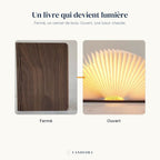 Lampe Conte : fermée un carnet de bois, ouverte une lueur chaude — Candeora
