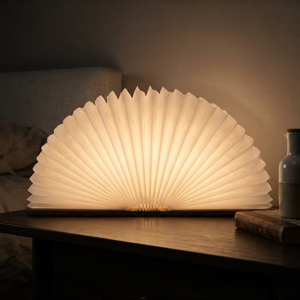 Lampe livre Conte allumée sur une table de chevet le soir, lueur chaude — Candeora