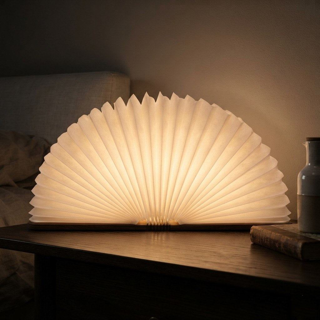 Lampe livre Conte allumée sur une table de chevet le soir, lueur chaude — Candeora
