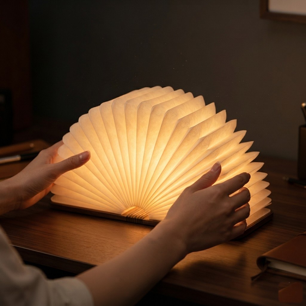 Deux mains ouvrant la lampe livre Conte, les pages se déploient et s'éclairent — Candeora