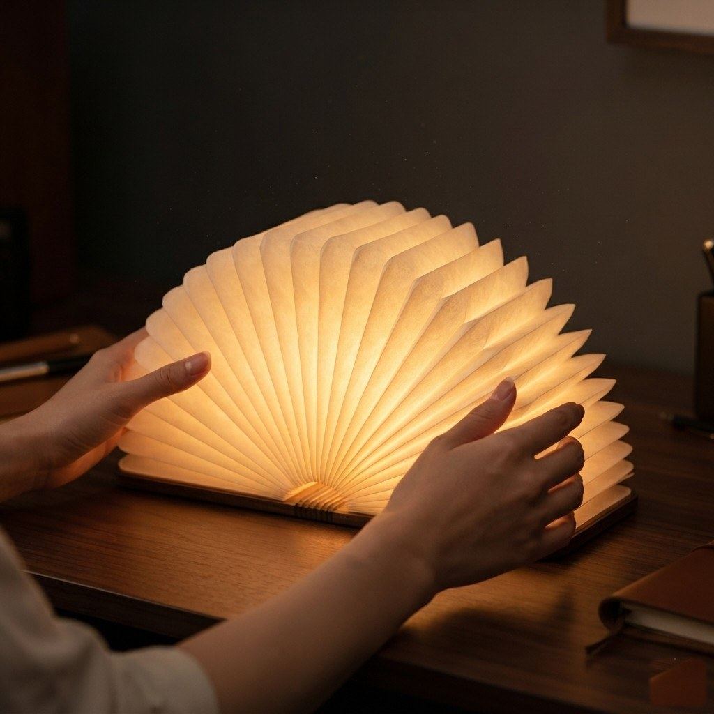 Deux mains ouvrant la lampe livre Conte, les pages se déploient et s'éclairent — Candeora