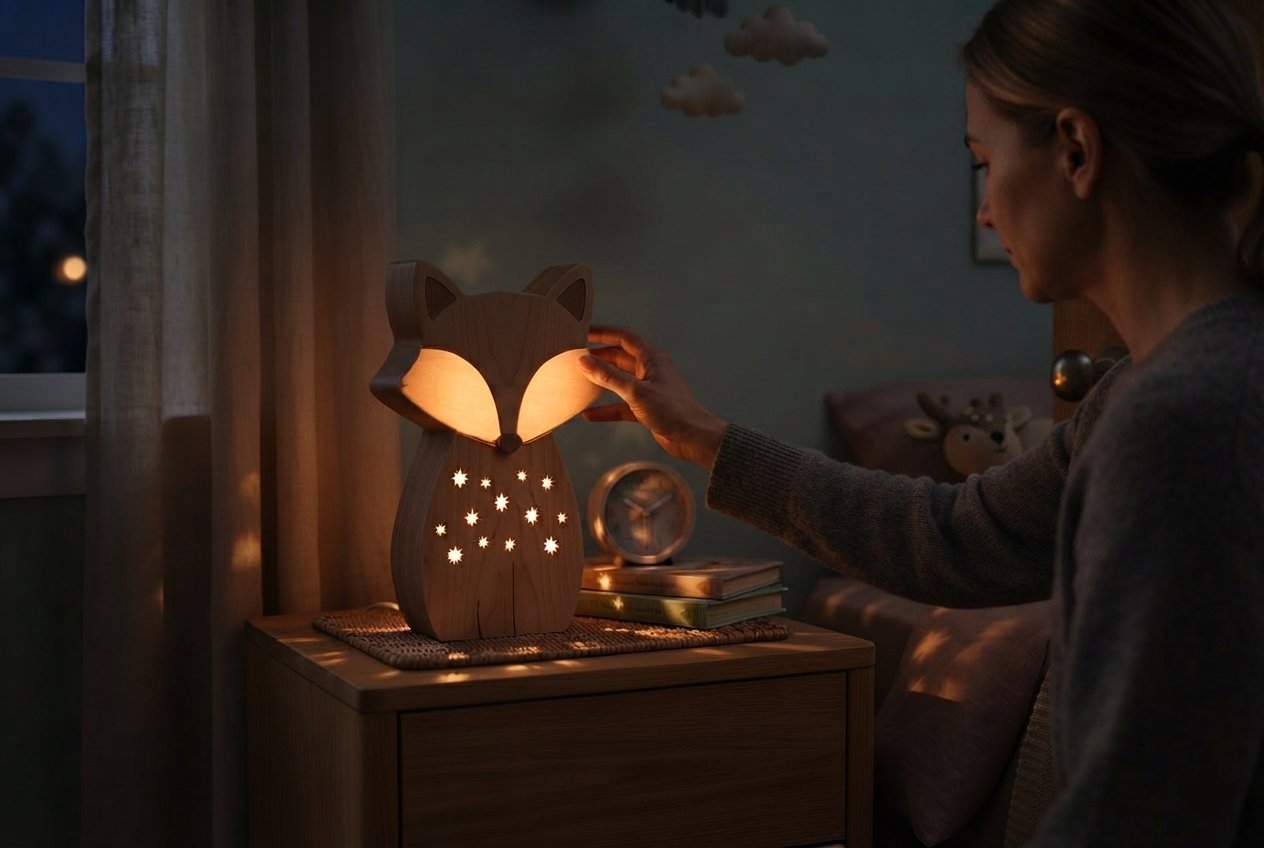 Parent allumant la veilleuse en forme de renard dans une chambre d'enfant le soir