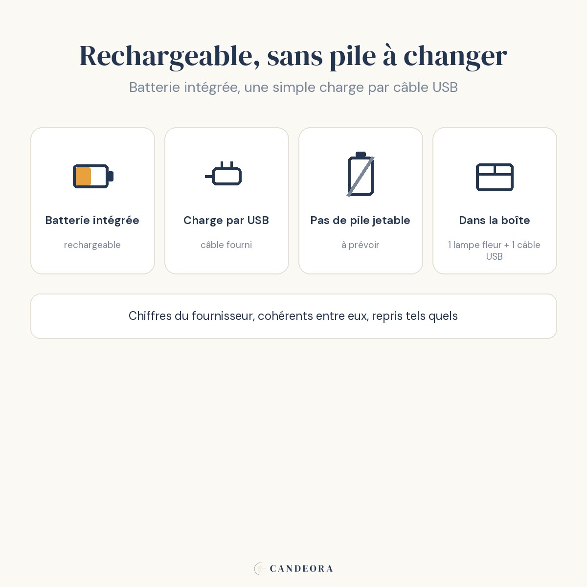 Infographie Candeora : batterie rechargeable, charge USB et contenu du colis de la lampe de bureau enfant Fleurette