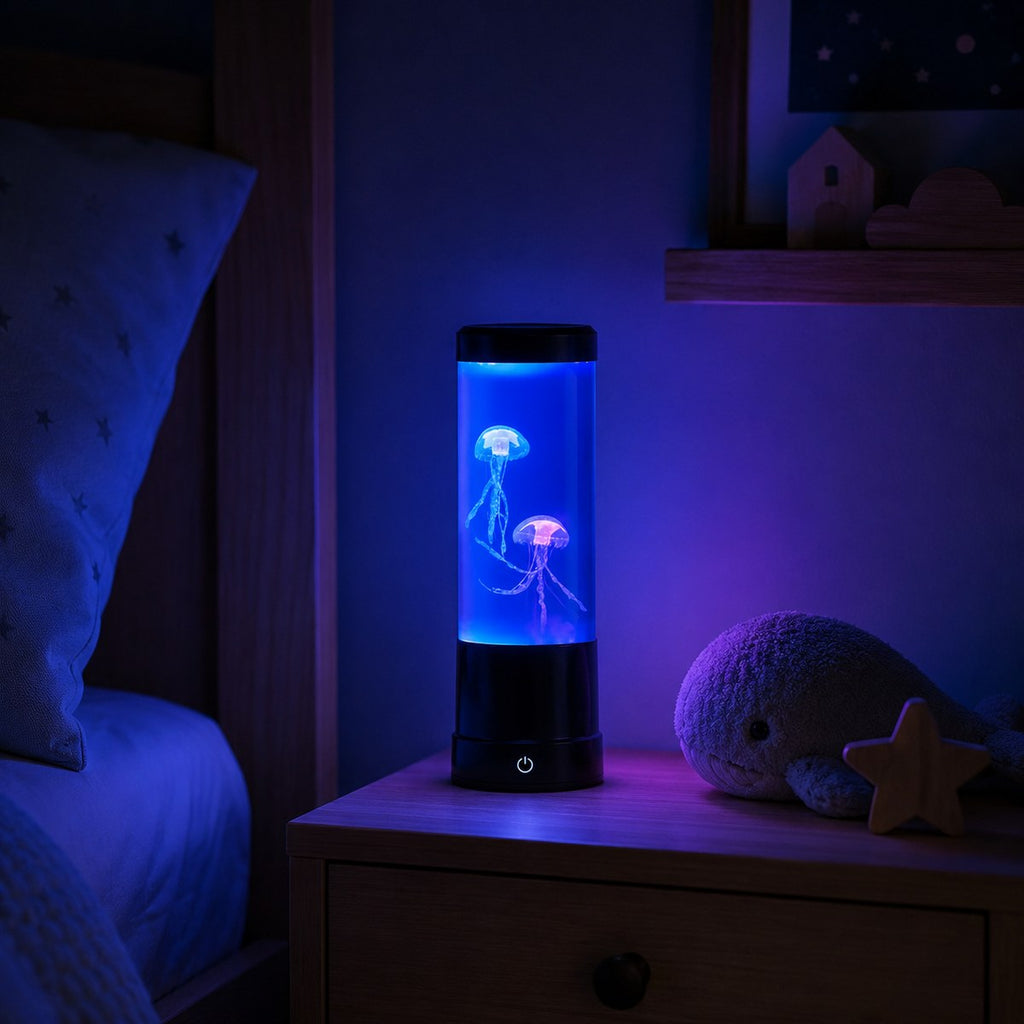 Veilleuse méduse Lagon allumée en bleu sur une table de chevet dans une chambre d'enfant la nuit