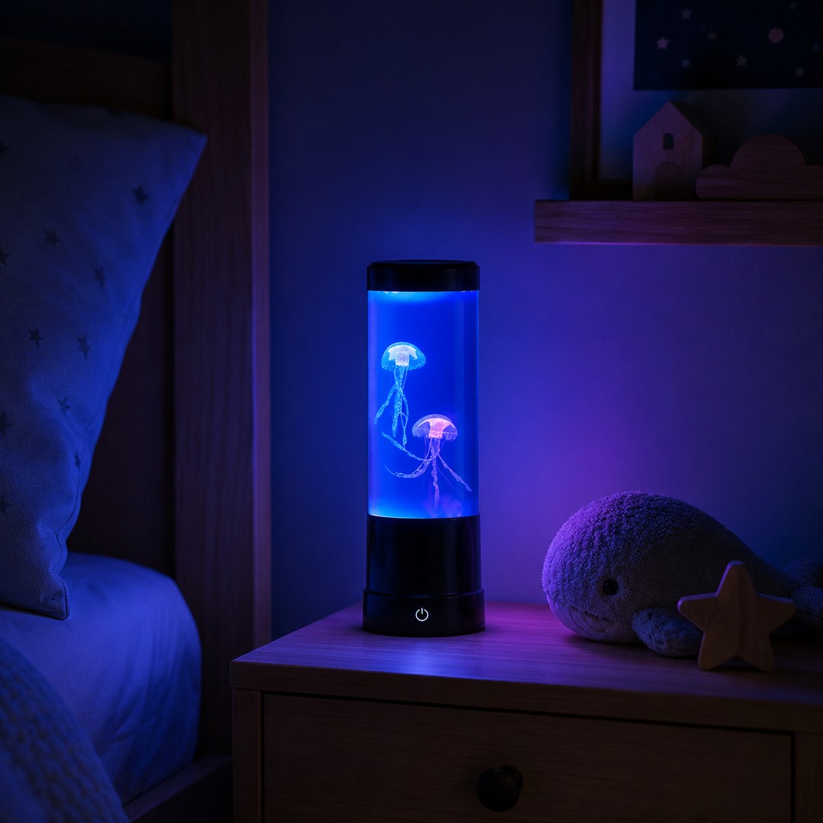 Veilleuse méduse Lagon allumée en bleu sur une table de chevet dans une chambre d'enfant la nuit