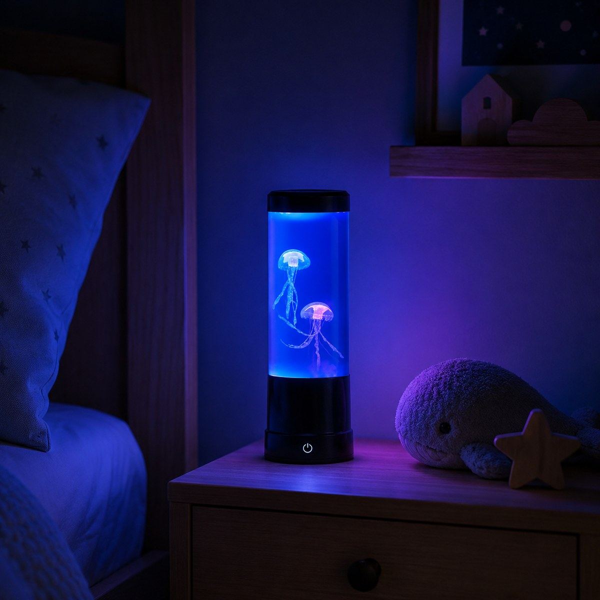 Veilleuse méduse Lagon allumée en bleu sur une table de chevet dans une chambre d'enfant la nuit
