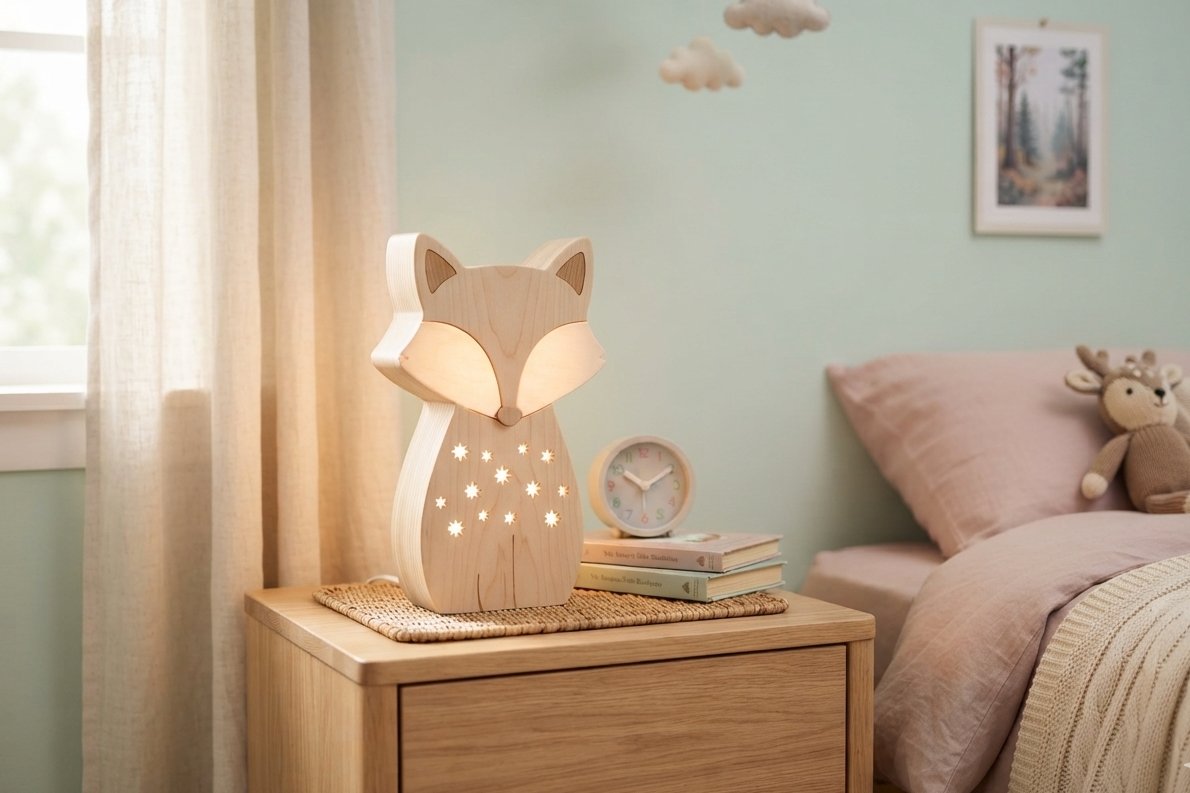 Lampe de bureau enfant en bois en forme de renard posée sur une table de nuit