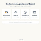 Infographie de l'autonomie et du contenu du colis de la veilleuse Pilou