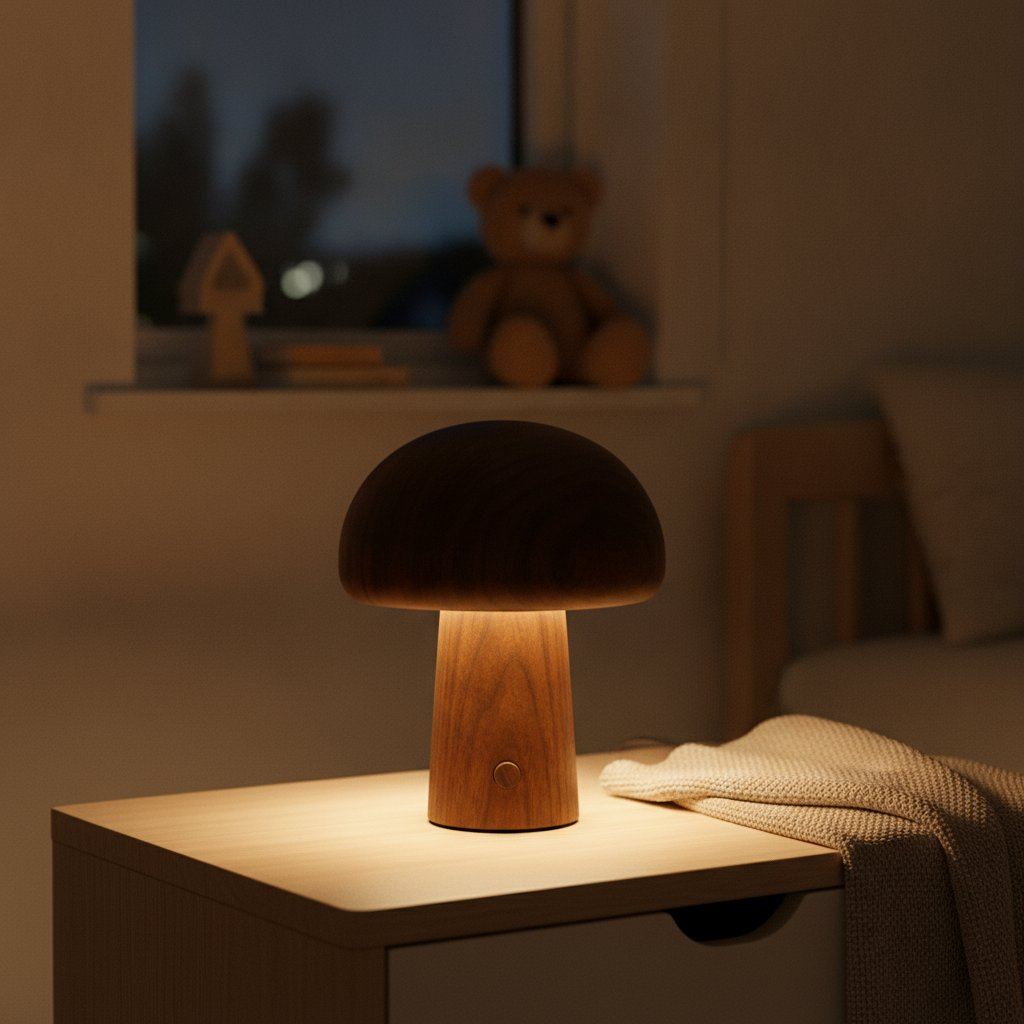 Veilleuse en bois Pilou allumée le soir sur une table de chevet d'enfant
