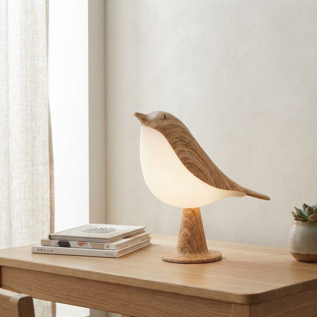 Veilleuse oiseau Piou posée sur un bureau en chêne clair dans une chambre Japandi lumineuse, en journée — Candeora
