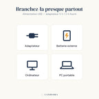 Quatre façons d'alimenter la lampe Méridien en USB : adaptateur, batterie externe, ordinateur, PC portable