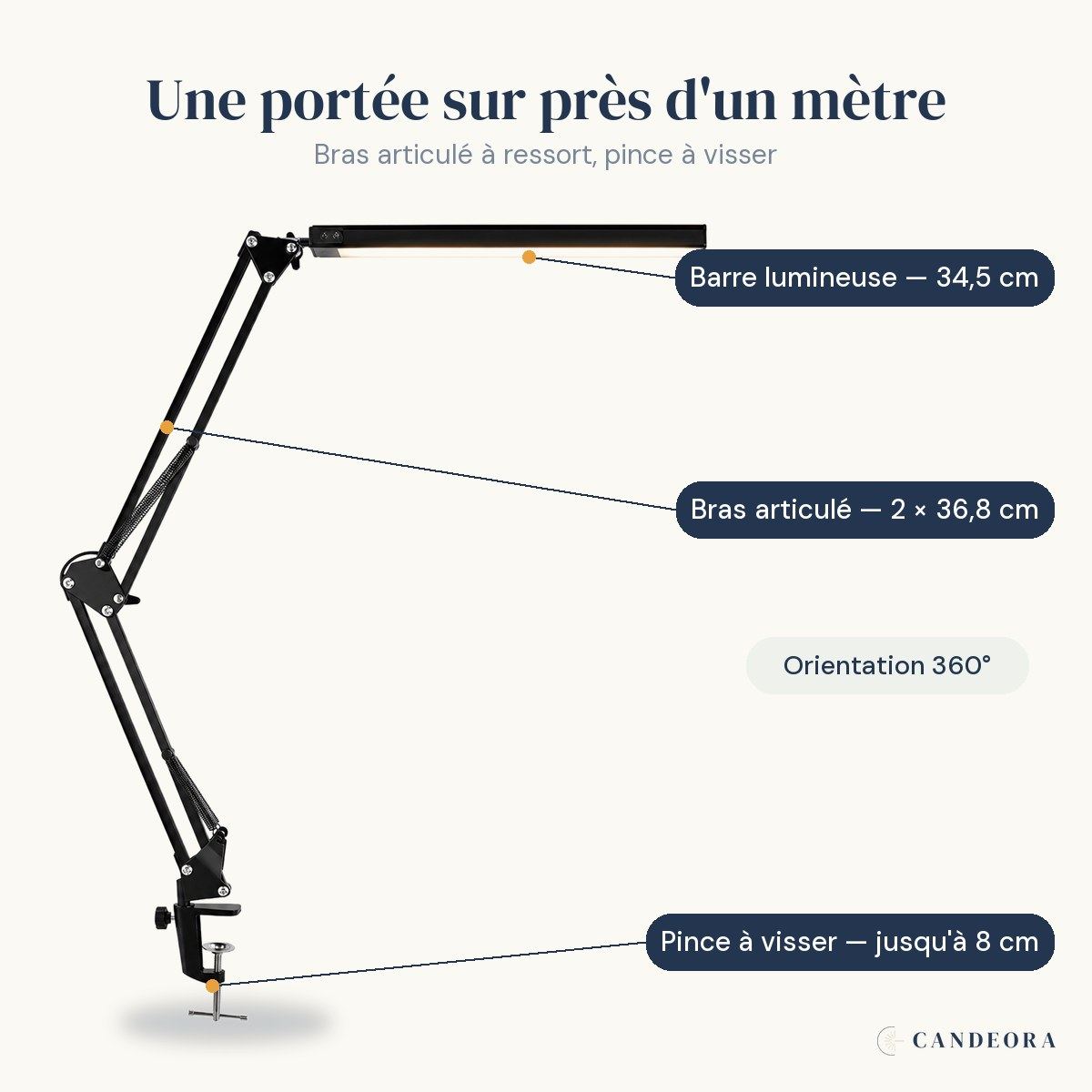 Dimensions de la lampe Méridien : barre 34,5 cm, bras articulé, pince jusqu'à 8 cm