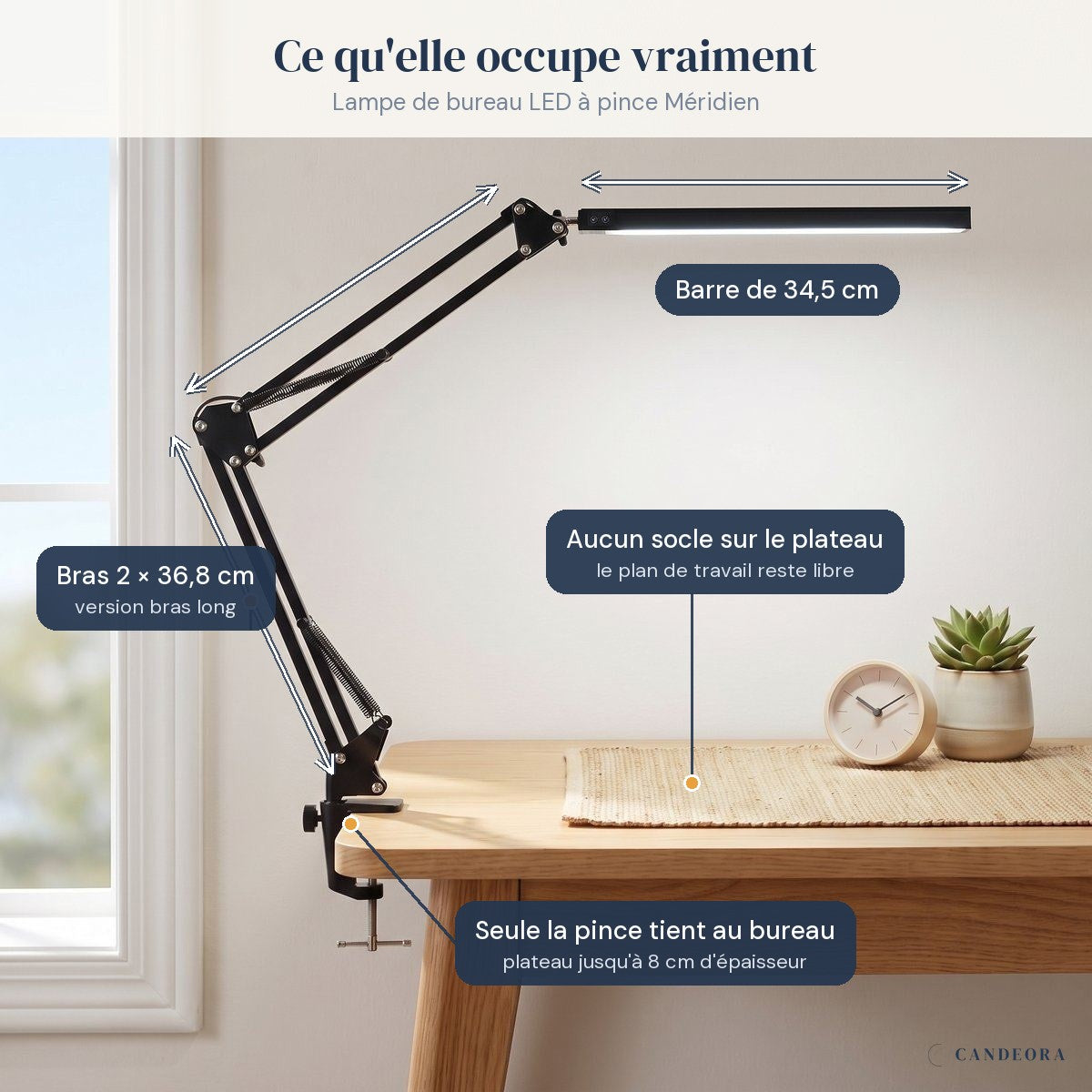 Lampe de bureau LED à pince Méridien sur un bureau, encombrement réel : barre de 34,5 cm, aucun socle sur le plateau