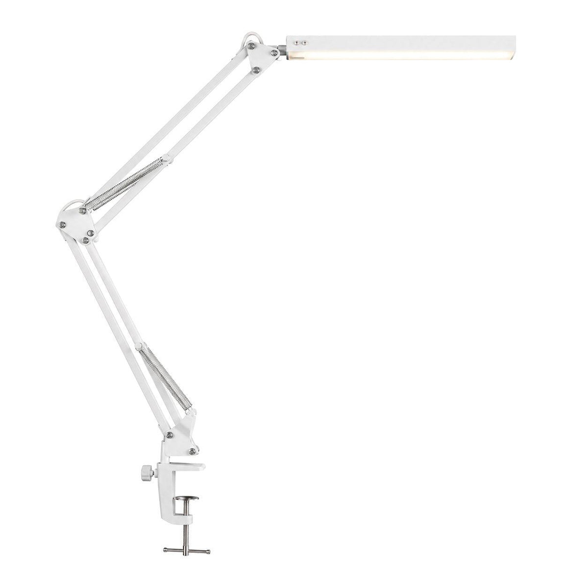Lampe de bureau LED à pince Méridien coloris blanc, bras articulé, sur fond blanc