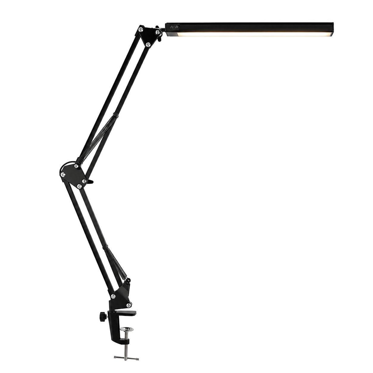 Lampe de bureau LED à pince Méridien coloris noir, bras articulé, sur fond blanc