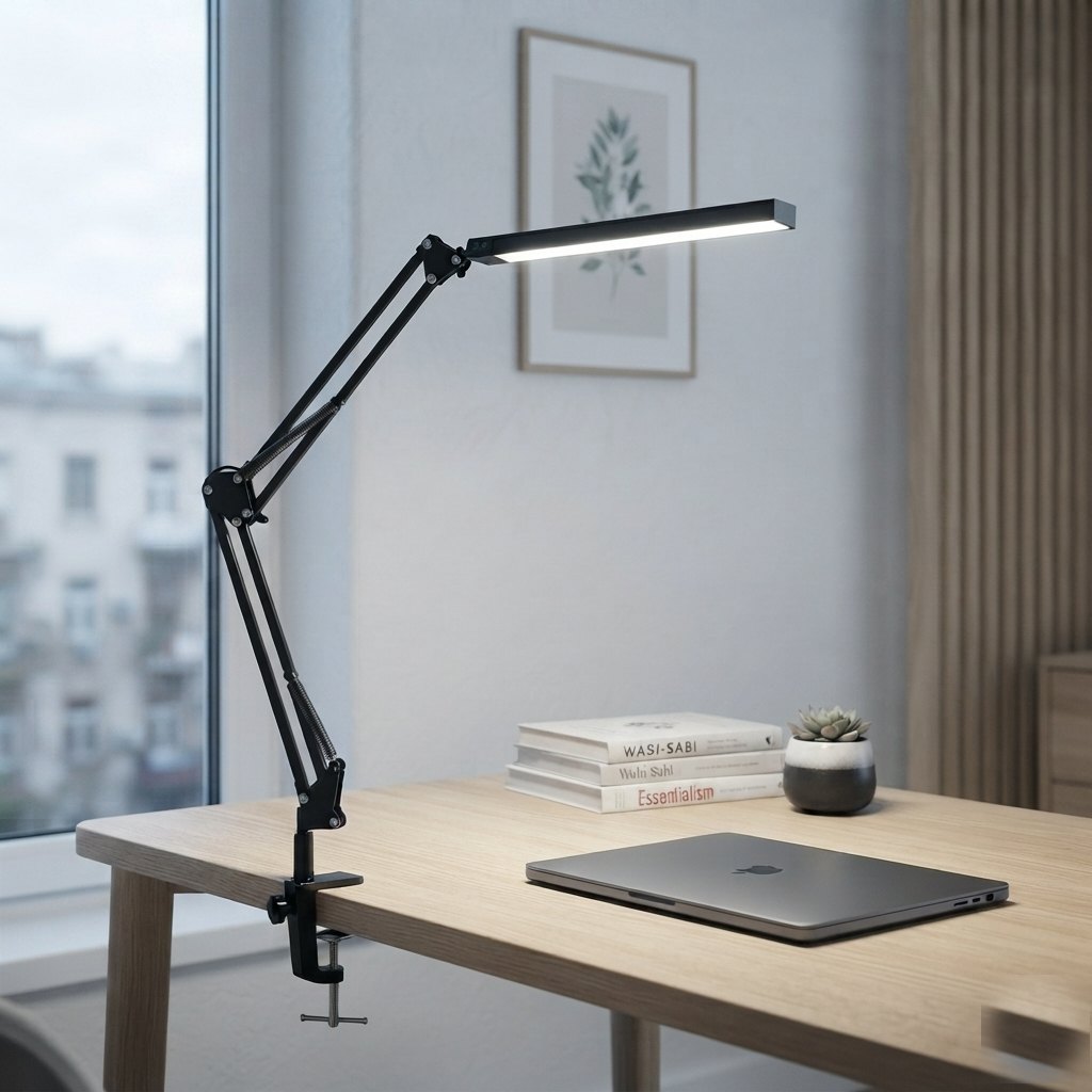 Lampe de bureau LED Méridien en lumière blanche froide sur un bureau en journée