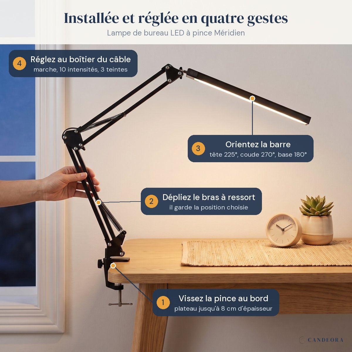 Lampe de bureau LED à pince Méridien sur un bureau, installation et réglage en quatre gestes