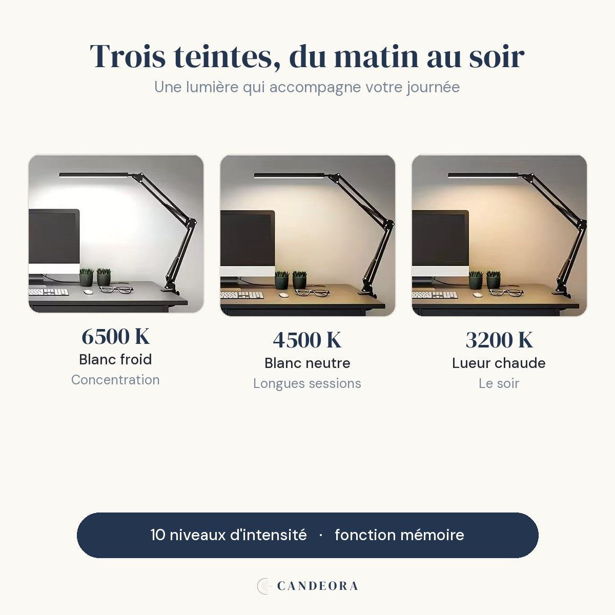 Trois teintes de la lampe Méridien : blanc froid, blanc neutre, lueur chaude