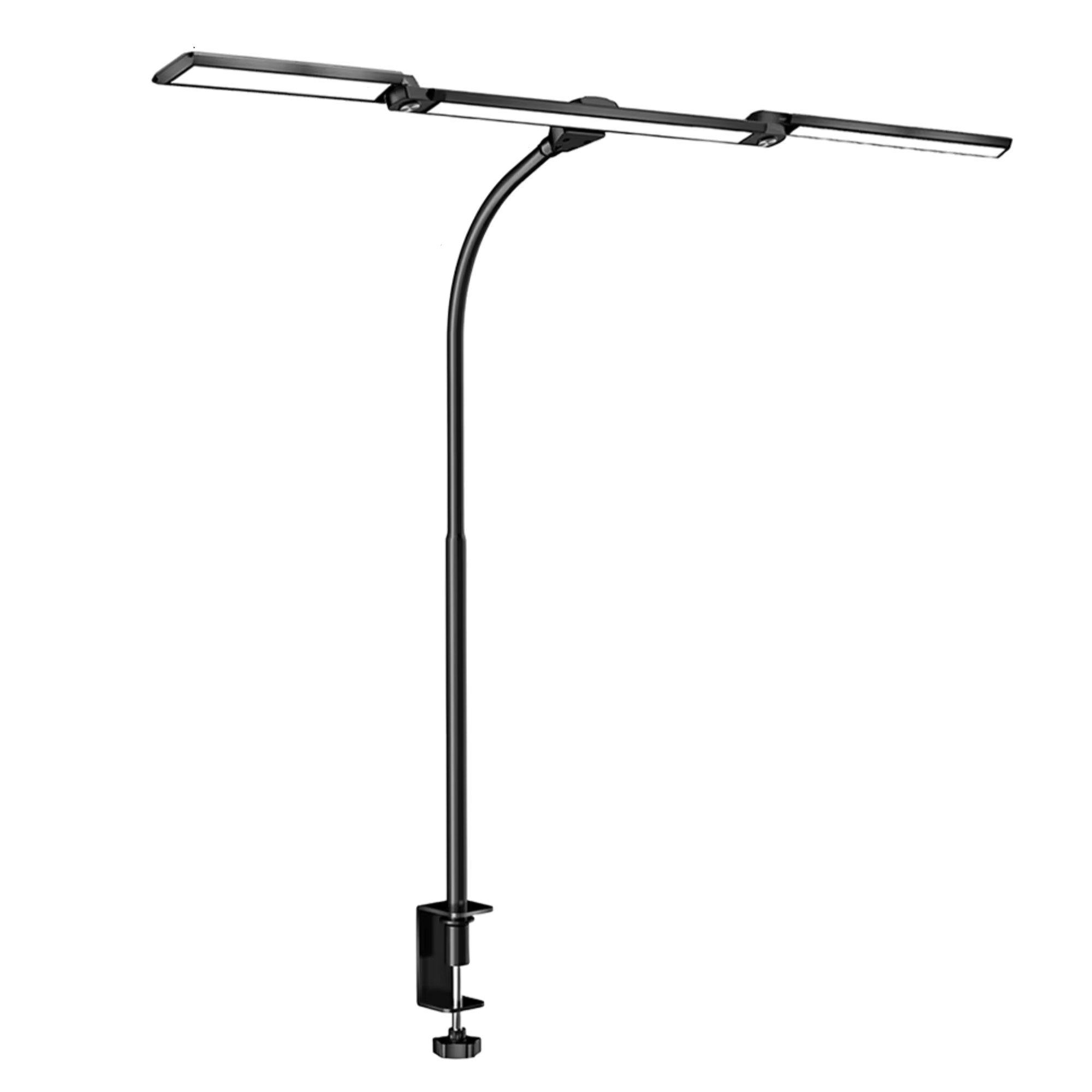 Lampe de bureau LED à pince Orion 3 têtes, col flexible, sur fond blanc