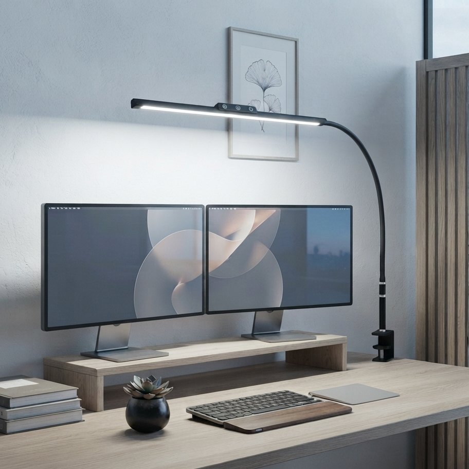 Lampe de bureau LED Orion éclairant un double écran en lumière froide, en journée