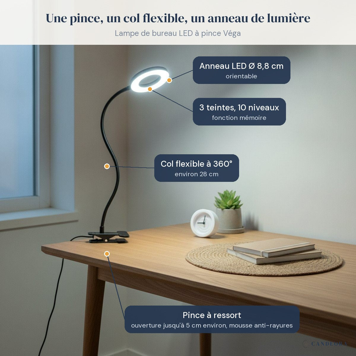 Lampe de bureau LED Véga sur un bureau, caractéristiques annotées