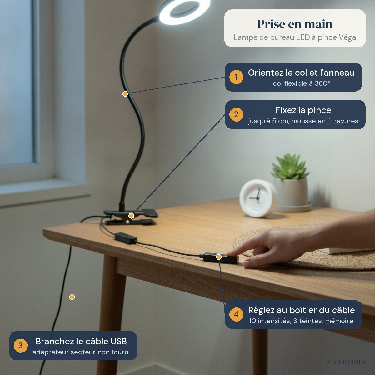 Lampe de bureau LED à pince Véga en situation, prise en main en quatre gestes : orientez le col et l'anneau, fixez la pince, branchez le câble USB, réglez au boîtier du câble