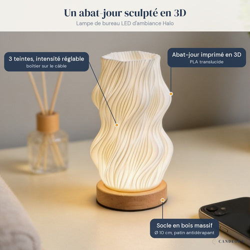 Lampe de bureau LED Halo sur un bureau, caractéristiques annotées