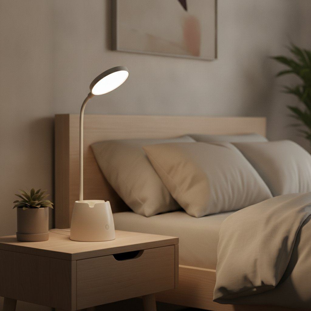 Lampe de bureau LED Andromède posée sur une table de nuit en journée