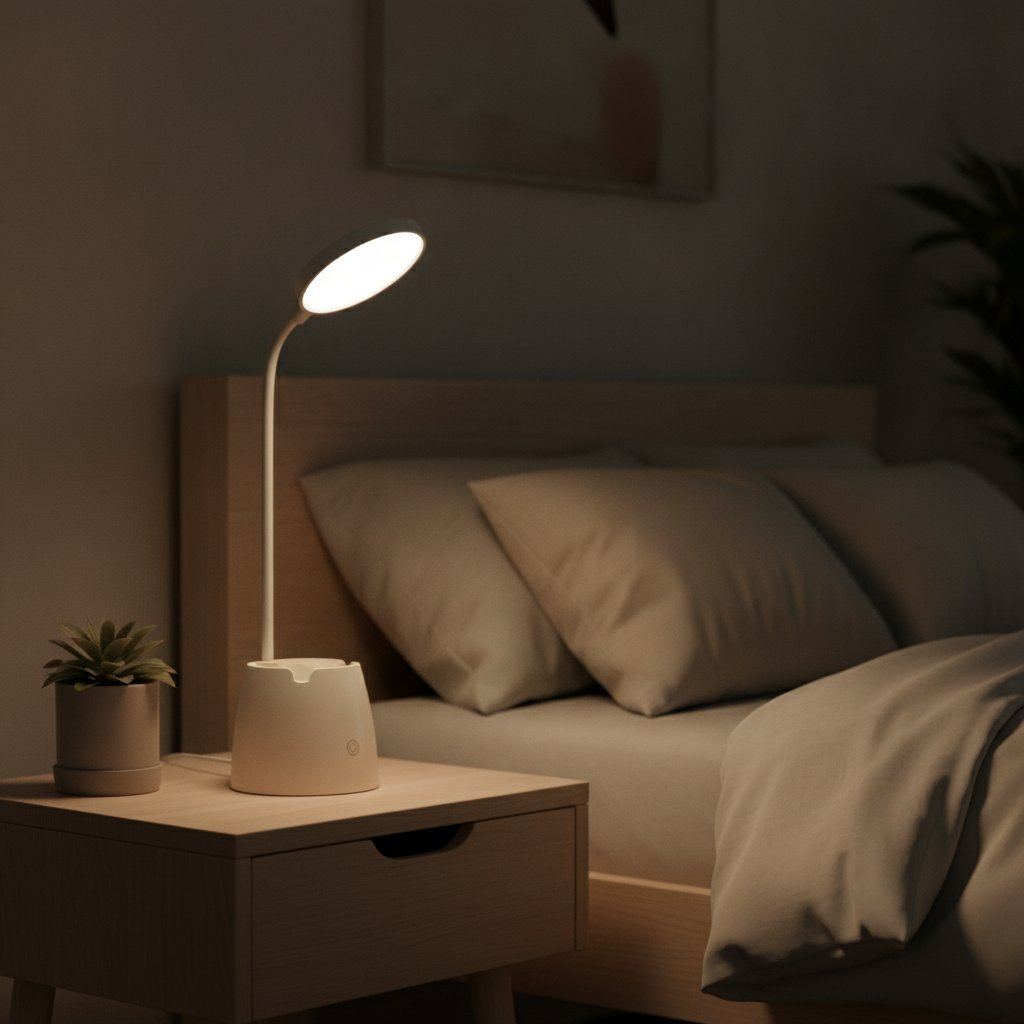 Lampe de bureau LED Andromède allumée le soir sur une table de nuit