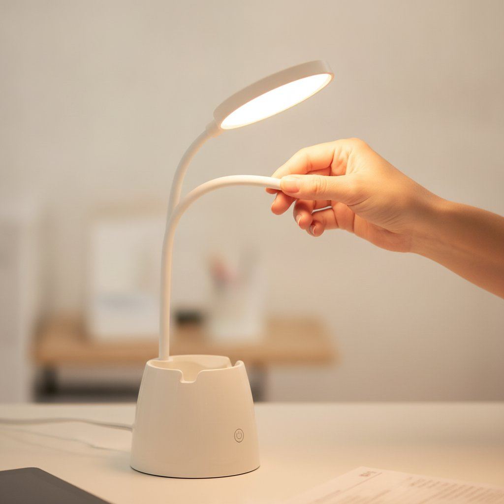 Main réglant le bras flexible de la lampe de bureau LED Andromède