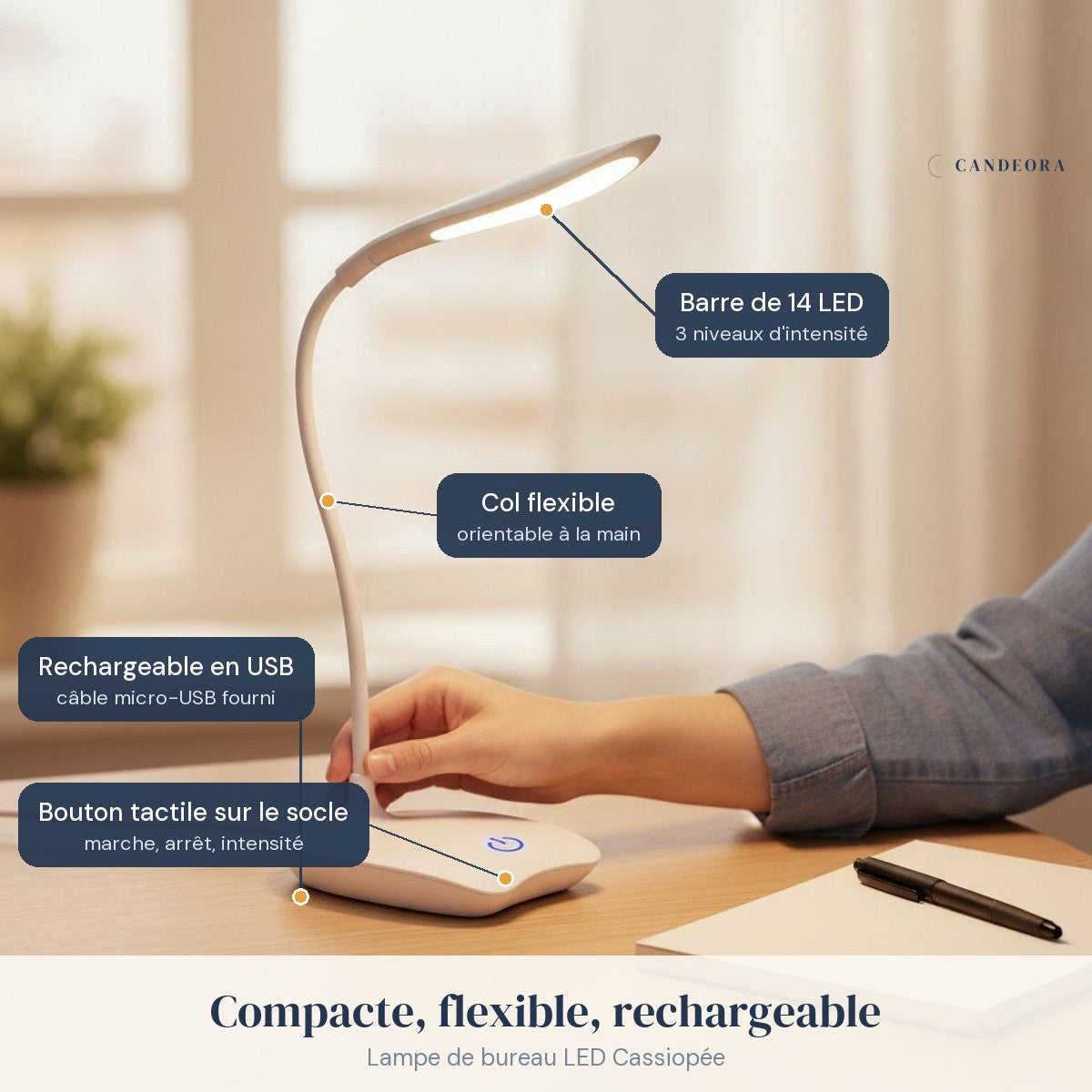 Lampe de bureau LED Cassiopée sur un bureau, caractéristiques annotées