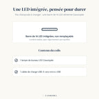 Infographie Cassiopée : barre de 14 LED intégrées et contenu du colis